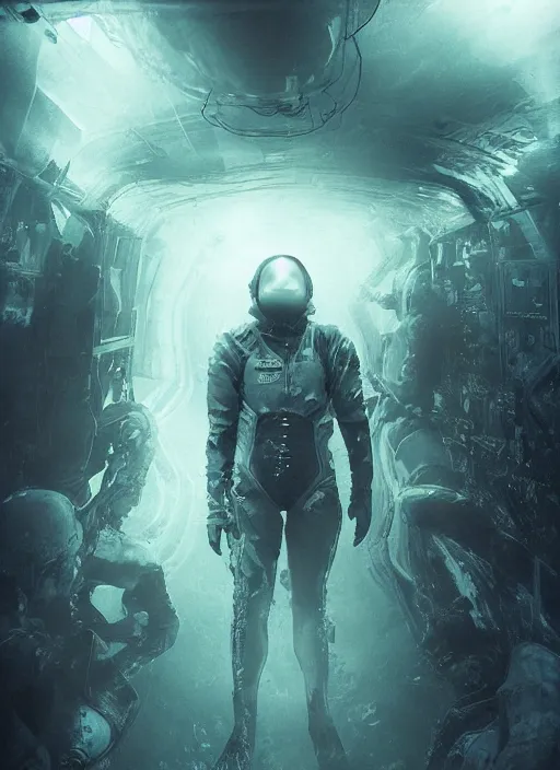 Image similar to astronauts in dark void underwater - complex and hyperdetailed technical suit. reflection and dispersion materials. rays and dispersion of light. volumetric light. f / 3 2. noise film photo. flash photography. ultra realistic, wide angle. poster by wayne barlowe, hajime sorayama aaron horkey, craig mullins