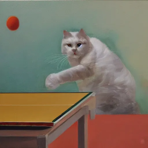 Prompt: Due gatti che giocano a ping pong, oil painting