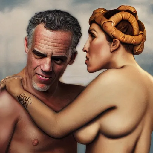 Image similar to Jordan Peterson as leia slave making out with joe rogan, photorealistic, portrait, metal bikini, 4k