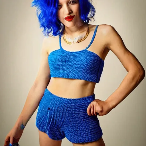 Image similar to A photo of a caucasian female model with blue hair wearing a crocheted croptop.