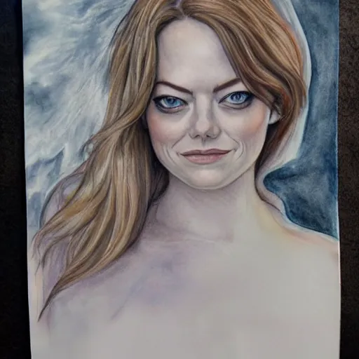 Image similar to hyper realistic pencil drawing of emma stone full body portrait, water color, as an eldritch princess, cloak, fantasy, dark, stunning, detail, sharp