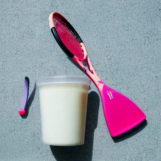 Image similar to three cups of yougurt jats next to a tennis racket, a stock photo by pia fries, trending on pinterest, lyco art, y 2 k aesthetic, vaporwave, aesthetic, side view