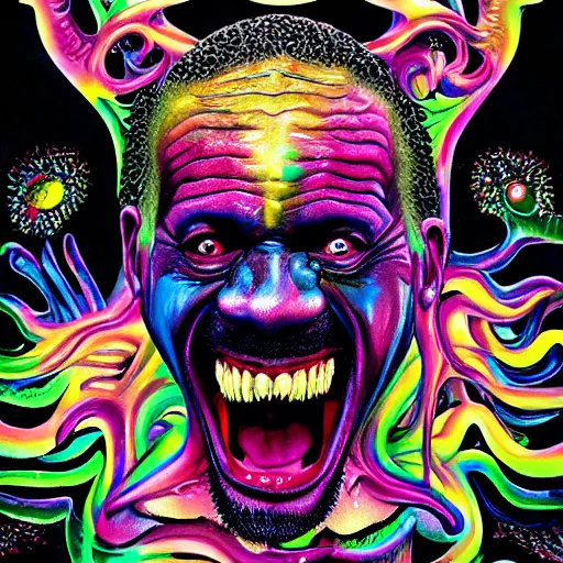 Image similar to eric andre screaming with sharp teeth that are all kinds of generated feelings giger and lisa frank, detailed, ornate,