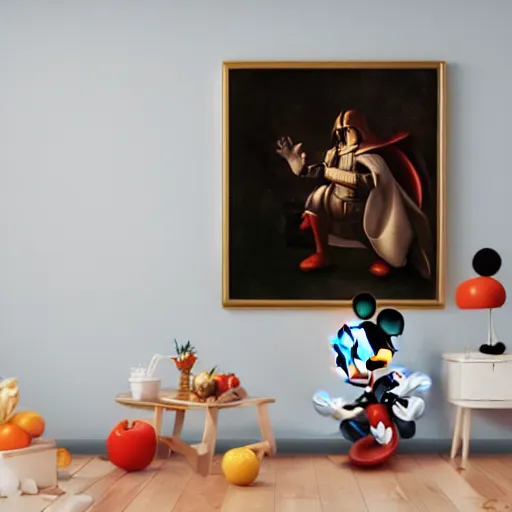 Image similar to mickey mouse crossed with darth vader eating an apple renaissance painting, michelangelo, leonardo da vinci, 4 k, octane render