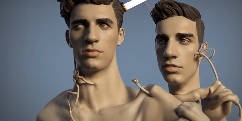 Prompt: a perfect porcelain bust of handsome young Spanish man with pipe cleaners coming out of the neck, 3D cinematic lighting, 90 degree spotlighting, photorealism, octane render, depth of field, 8k, 35mm, artgem, Trending on artstation