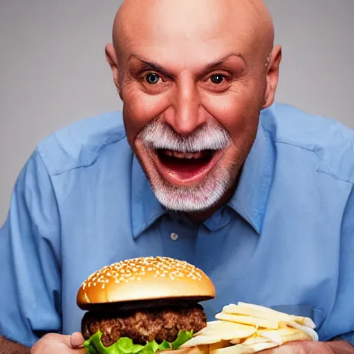 Prompt: a bald old man eating a cheesburger