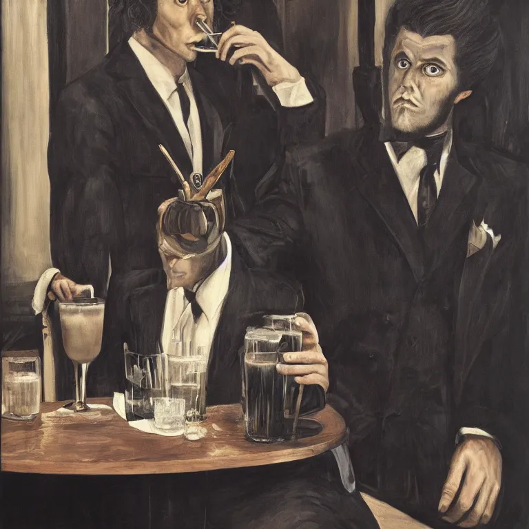 Prompt: Moody well-lit magazine photograph of a Werewolf with perfect hair wearing a bespoke Savile Row suit drinking a Pina Colada at Trader Vic\'s by Diane Arbus, shocking detail hyperrealistic trending on artstation