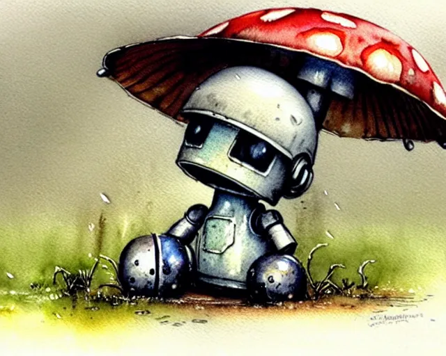 Image similar to a cute little robot sitting on the ground under mushrooms, hiding from the rain. gray sky, rain clouds, heavy rain. watercolor painting by jean - baptiste monge, muted colors