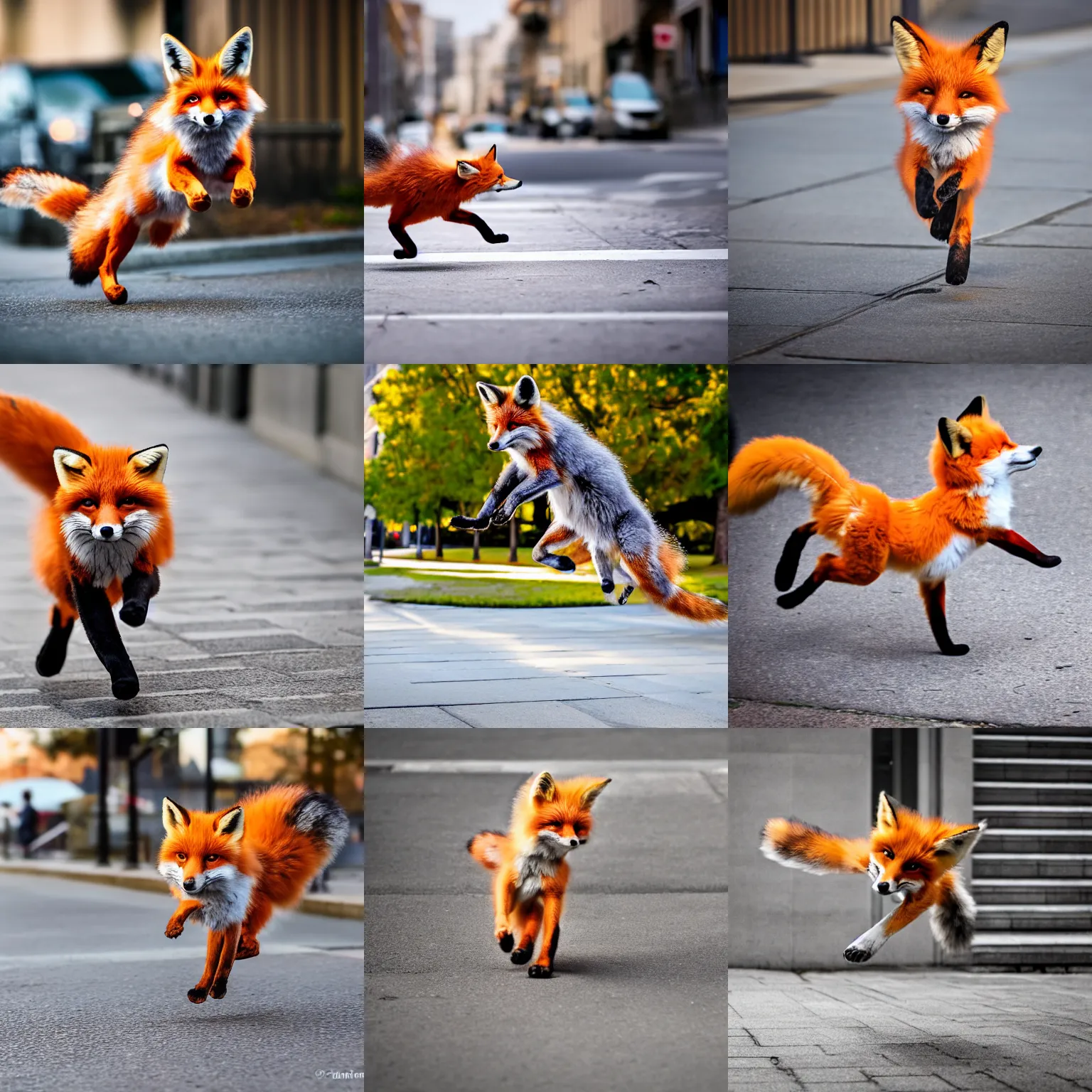 Prompt: An airborne fox plushie pouncing on the sidewalk, Sigma 85mm Lens F/1.8, dynamic, motion blur, award winning photography