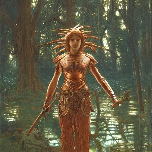 Prompt: a detailed, beautiful oil painting of a warrior wearing intricate, etched copper armor in an ancient forest, by michael whelan, donato giancola, and william adolphe bouguereau