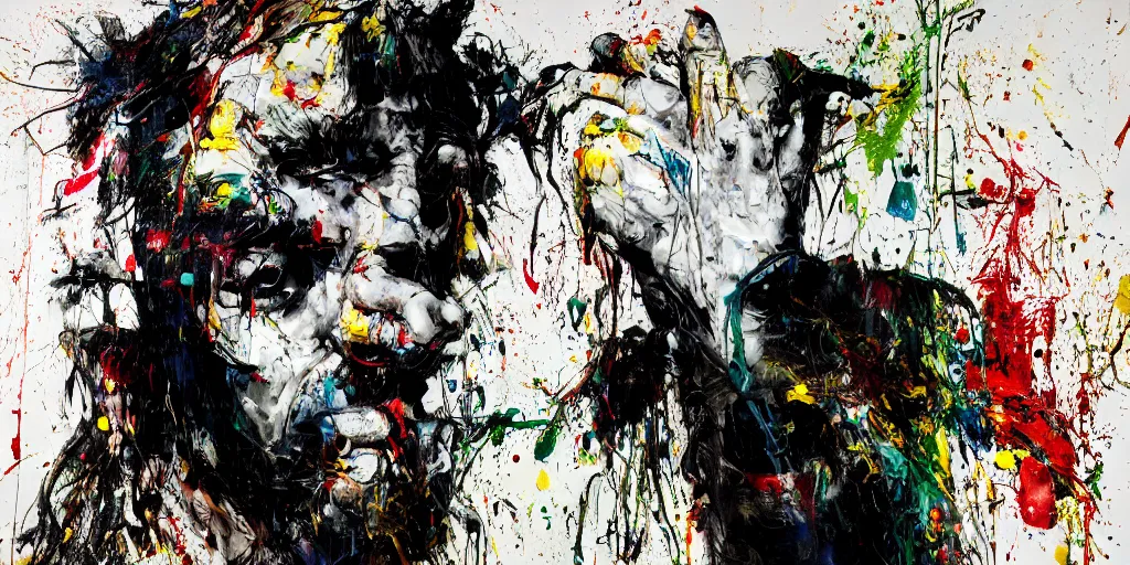 Image similar to single runner hiding his face with hands, fast, medium shot, melting, painted by Eugene Delacroix, Adrian Ghenie, 8k, Peter Doig, Antoni Tapies, textured oil paint, black melting paint drips all over