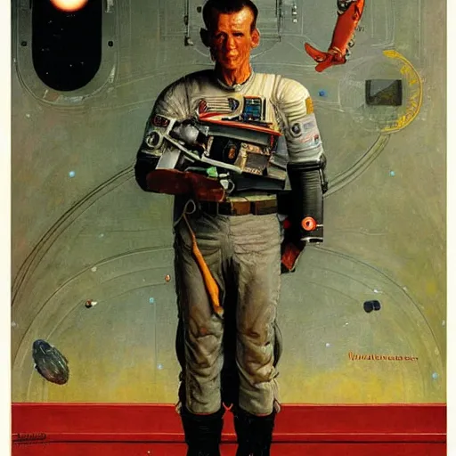 Image similar to a beautiful portrait of a space bounty hunter by Norman Rockwell