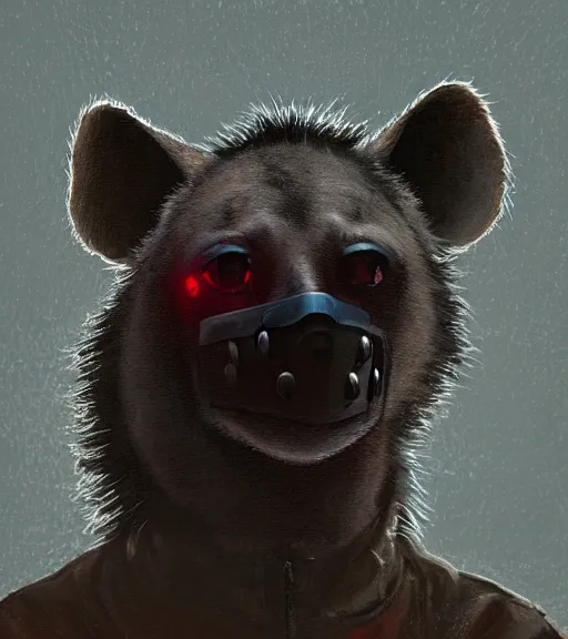 Image similar to foggy dirt road portrait of furry anthro anthropomorphic spotted hyena head animal person fursona wearing clothes horror gloomy digital art bokeh depth of field photo by Greg Rutkowski, Simon Stalenhag, christopher nolan trending on Artstation, CGSociety