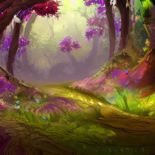 Image similar to wispy woods with purple leaves and otherworldly foliage, a dirt path going down the middle, concept art, detailed, vivid, intricate, 4 k