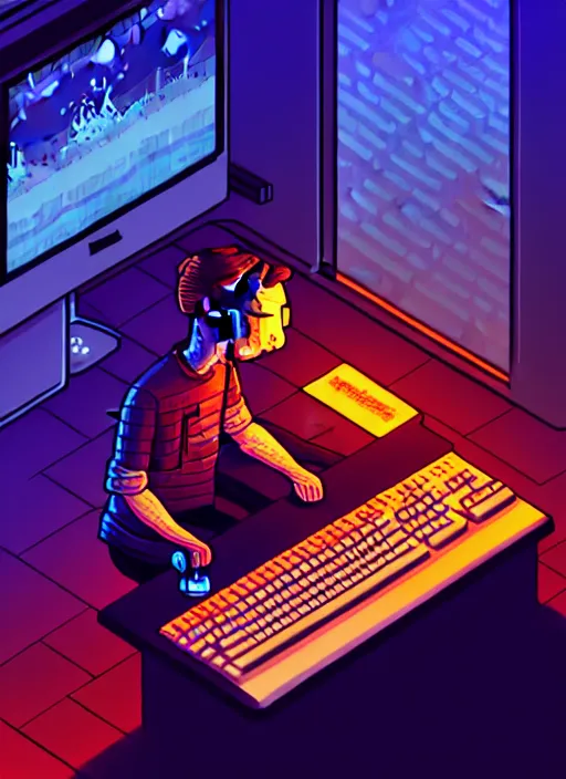 Image similar to discord user furious typing at the keyboard of his computer in the dark of night, beautiful detailed pixelart by albertov, intricate details, beautiful, dithered gradients, volumetric lighting, cgsociety, artstation, smooth, sharp focus, 2 d illustration, amazing art by dan mumford