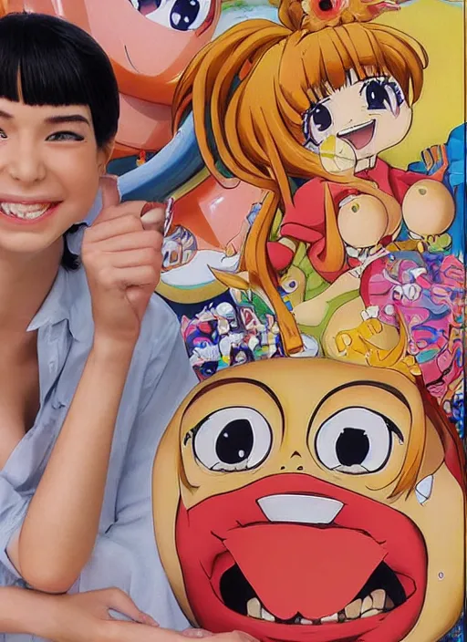 Image similar to a lifelike oil painting of an anime girl figurine caricature with a big dumb grin featured on nickelodeon by arthur szyk made of madballs