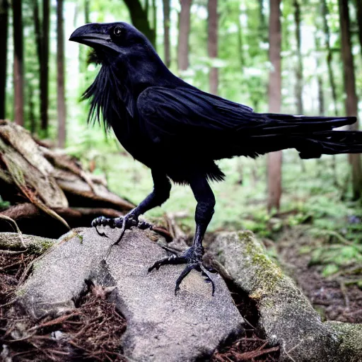 Image similar to crossbreed between a human male and crow, photograph captured in a forest