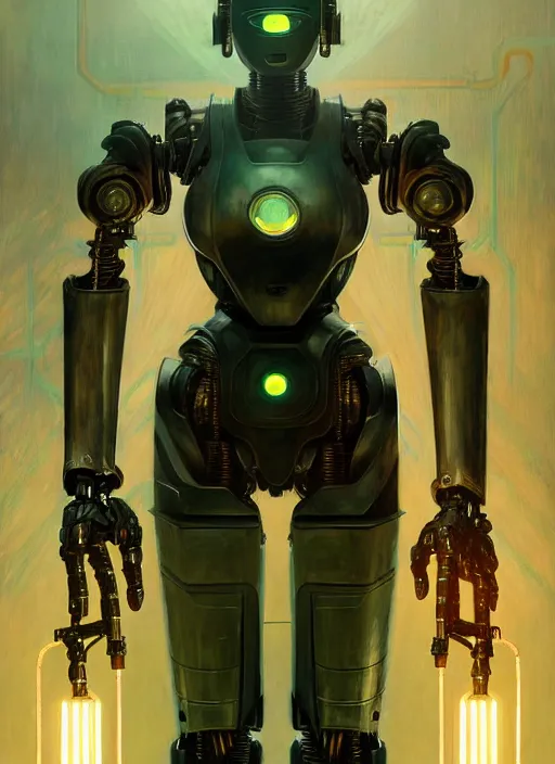 Image similar to dystopian robot, metal, holding green plant, cinematic lighting, fantasy, warforged, intricate, highly detailed, lifelike, photorealistic, digital painting, artstation, illustration, concept art, sharp focus, art by john collier and albert aublet and krenz cushart and artem demura and alphonse mucha