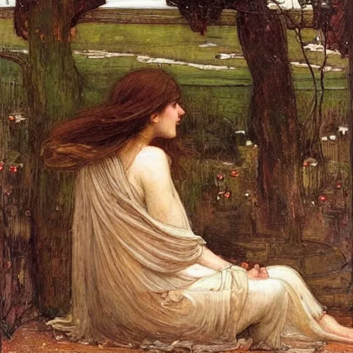 Image similar to An angel losing their wings calmly in the style of John William Waterhouse