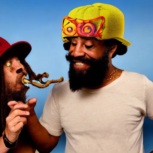 Prompt: an _ octopus _ as _ cheech _ and _ chong _ with _ a _ jamaican _ cap _ and _ dreadlocks _ smoking _ a _ thick _ cigar _ psychdelic _ multicolored _ 8 _ k _