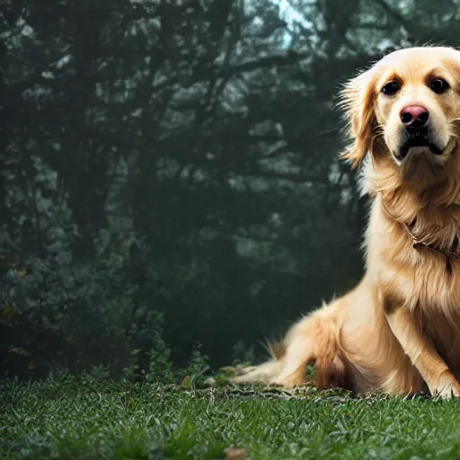 Prompt: professional photography of a golden retriever turned into a monster, hyperrealistic, photorealistic, 8 k hdr, dslr, film by greg rutkowski