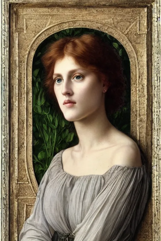 Prompt: Pre-Raphaelite portrait of a young beautiful woman with blond short-hair and grey eyes who works as an architect artwork by Edward Robert Hughes