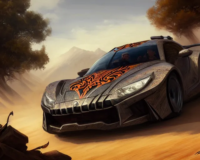 Image similar to sports car with tribal decal, tribal, wolf, nature, tyres, smoke, dust, soil, deep focus, d & d, fantasy, intricate, elegant, highly detailed, digital painting, artstation, concept art, matte, sharp focus, illustration, hearthstone, art by artgerm and greg rutkowski and alphonse mucha