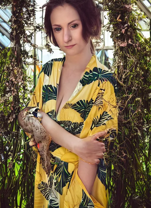 Image similar to portrait photograph of beautiful!!!! young female model, symmetric face!!, symmetric eyes!!, slight smile!, natural light, wearing a yellow kimono with a very detailed barn owl!! on her shoulder!!! in a tropical greenhouse. looking at the camera!!. super resolution. Extremely detailed. Graflex camera!, bokeh!!.