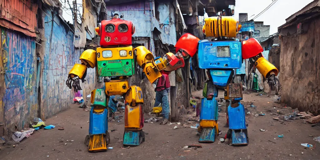 Image similar to colourful giant mecha ROBOT of AJEGUNLE SLUMS of Lagos, markings on robot, ajegunle is neon lit, Night,