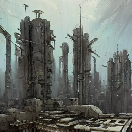 Image similar to painting of a scifi ancient civilzation victorian, brutalist architecture, ian mcque