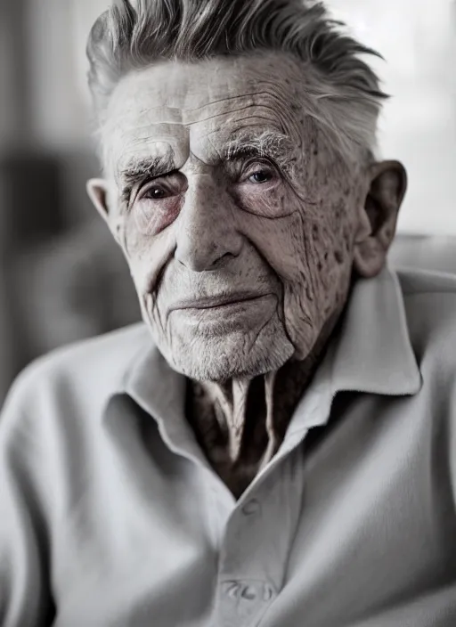 Image similar to DSLR photo portrait still of 90 year old age 90 James Dean at age 90!!!, 85mm f1.8