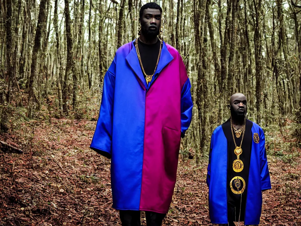 Prompt: versace avant garde male super oversized jacket blue purple red necklace textiles streetwear cyberpunk african american black skin shaved head trimmed beard in the woods overcast late evening dramatic professional color 8 k hdr