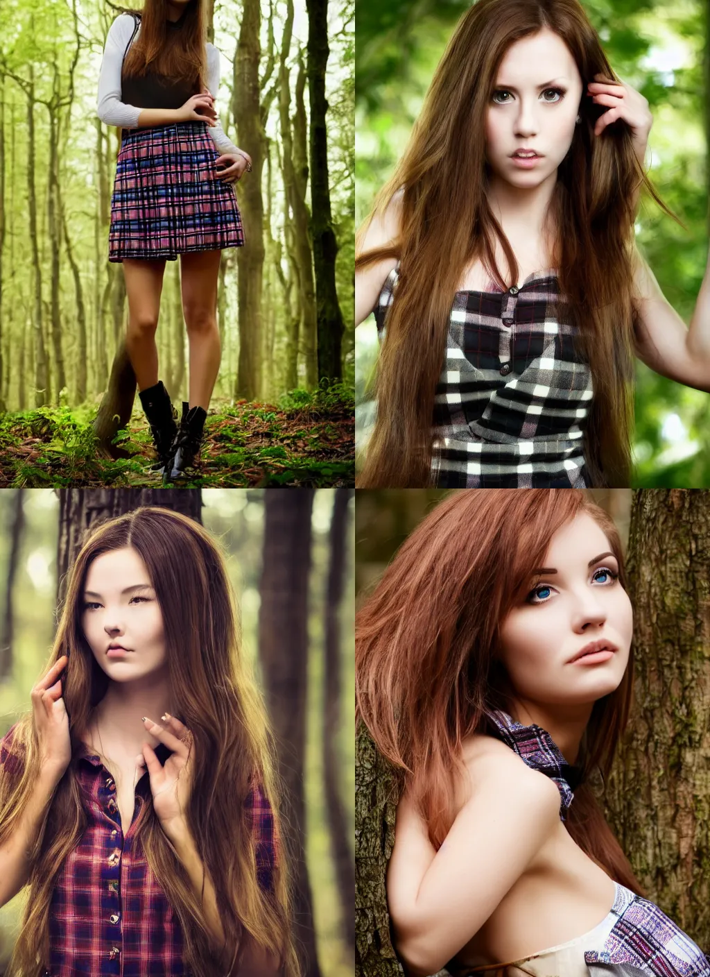 Prompt: beautiful woman in plaid miniskirt standing in a dark forest, close - up shot, beautiful face