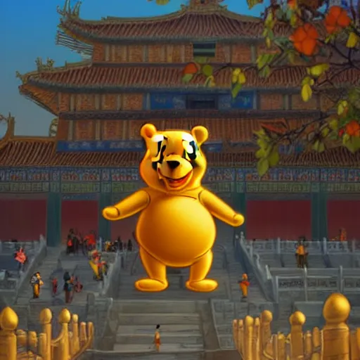 Image similar to winnie the pooh explores the forbidden city in china, award winning photography, extremely detailed artstation 8 k sensual lighting epic composition, weta pixar disney