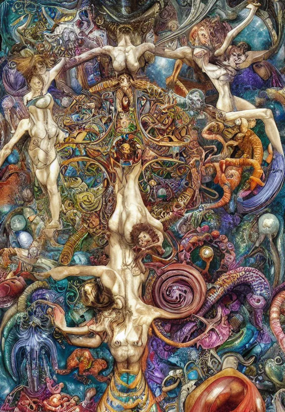 Prompt: simplicity, colorful muscular eldritch bodies and shells radiating town fractal, mandala white bones, colorful gems, brush pen, by h. r. giger and esao andrews and maria sibylla merian eugene delacroix, gustave dore, thomas moran, pop art, chiaroscuro, biopunk, art nouveau