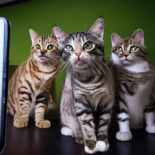 Prompt: photo of cats taking a selfie, award - winning photograph, national geographic, perfect lighting