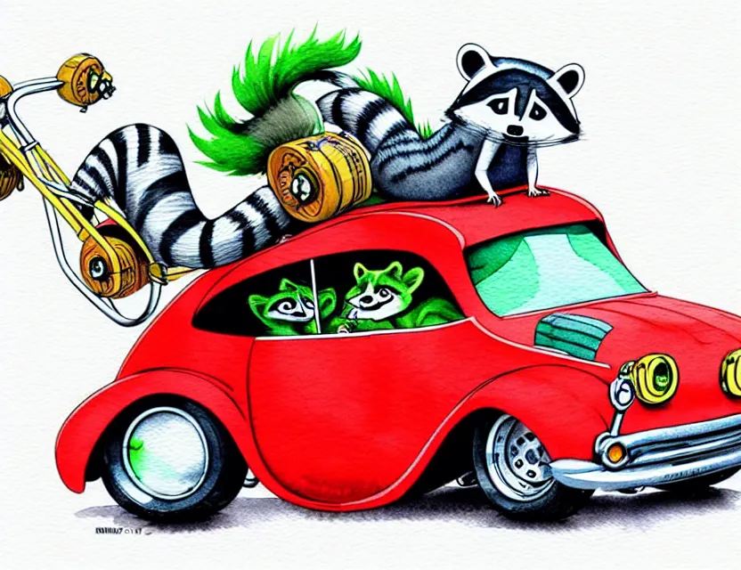 Image similar to cute and funny, racoon riding in a tiny hot rod coupe with oversized engine, ratfink style by ed roth, centered award winning watercolor pen illustration, isometric illustration by chihiro iwasaki, edited by range murata