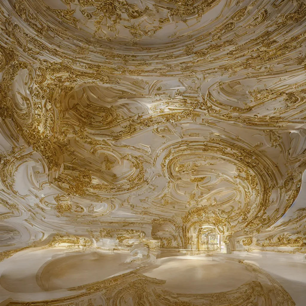 Image similar to an incredibly smooth curvilinear neo baroque interior architectural sculpture, a golden pool on the ground is envelope by folding white surfaces, blue light, visually satisfying architecture render