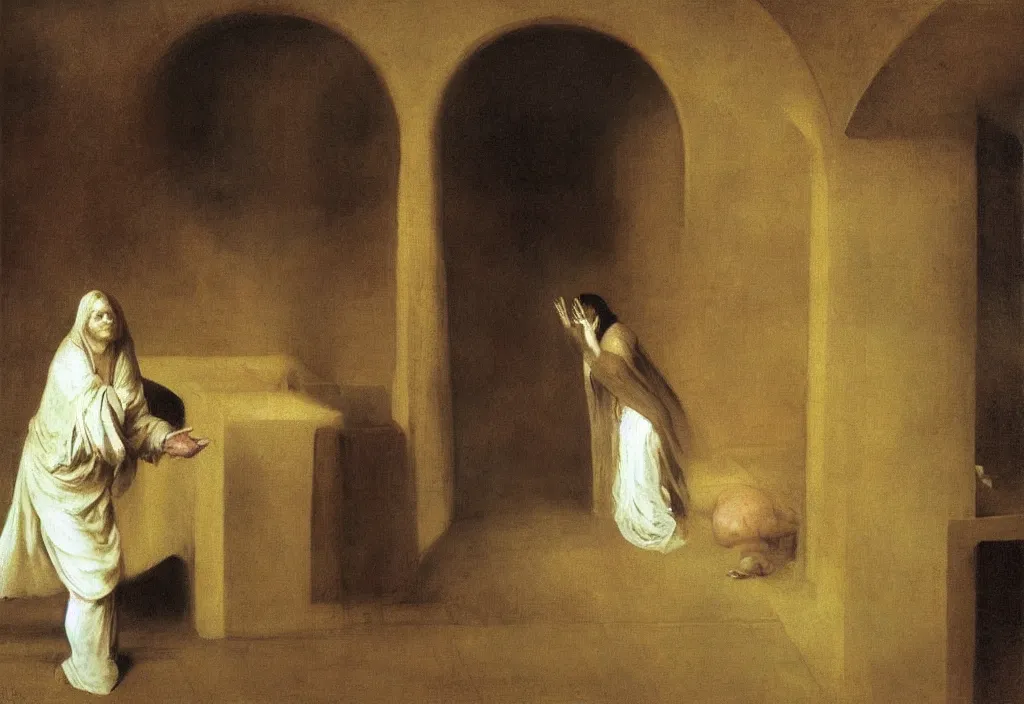 Image similar to the annunciation by Odd Nerdrum, by Francisco Goya, by Francis Bacon, beautiful, eerie, surreal, colorful