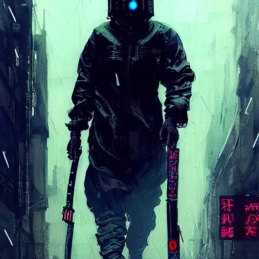 Image similar to a beautiful ukiyo painting of full body cyberpunk blade runner, dramatic pose, wearing japanese techwear, detailed symmetrical, intricate complexity, concept art, by ismail inceoglu dragan bibin hans thoma greg rutkowski alexandros pyromallis nekro rene maritte illustrated, perfect face, fine details, realistic shaded, fine - face, pretty face