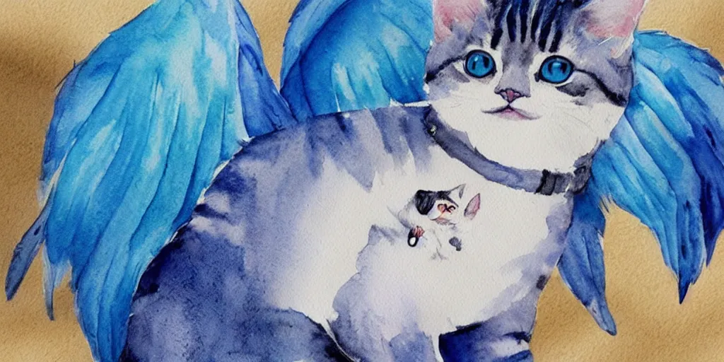 Image similar to watercolor illustration style, cute cats with blue wings