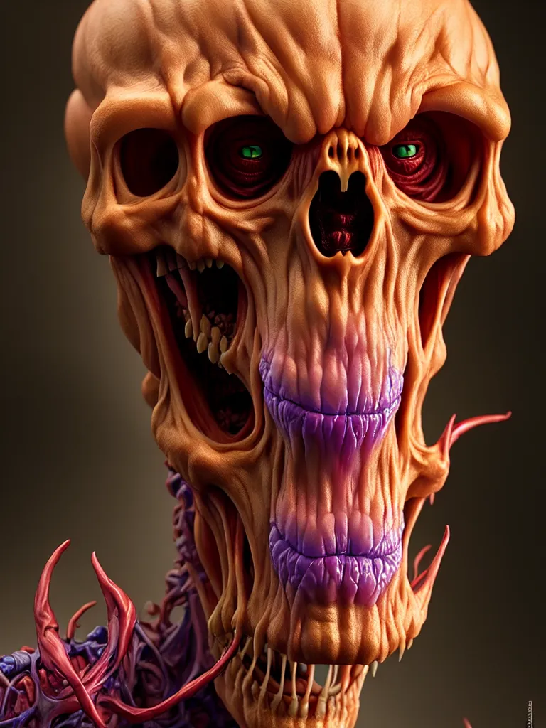 Image similar to hyperrealistic rendering, skeletor face by donato giancola and greg rutkowski and wayne barlow and zdzisław beksinski, product photography, action figure, sofubi, studio lighting, colored gels