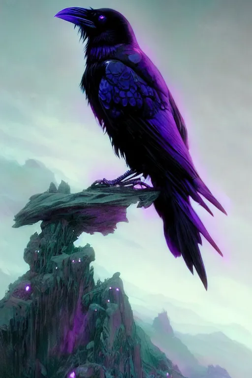 Image similar to portrait of a beautiful one raven perched on purple crystals that are glowing in a misty valley, establishing shot, extremly high detail, foto realistic, cinematic lighting, by yoshitaka amano, ruan jia, kentaro miura, artgerm, post processed, concept art, artstation, raphael lacoste, alex ross