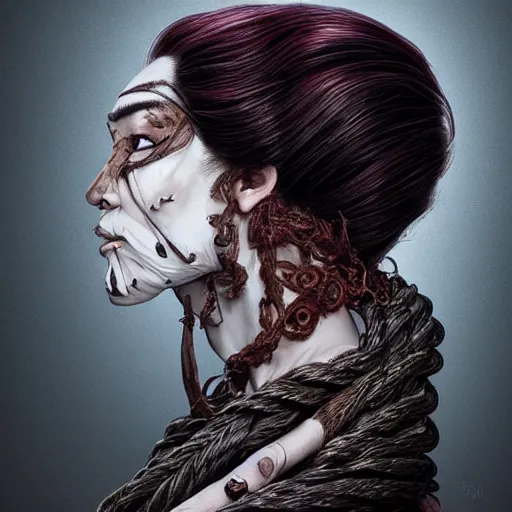 Image similar to portrait of a Shibari rope wrapped face and neck, headshot, insanely nice professional hair style, dramatic hair color, digital painting, of a old 17th century, old cyborg merchant, amber jewels, baroque, ornate clothing, scifi, realistic, hyperdetailed, chiaroscuro, concept art, art by Franz Hals and Jon Foster and Ayami Kojima and Amano and Karol Bak,