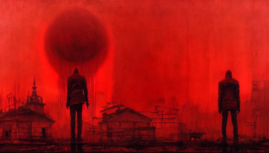 Prompt: only with red, soviet communism horror city apocalyptic atmosphere with soviet flag, in the style of beksinski and rodcenko and yue minjun and cory loftis, intricate and epic composition, red by caravaggio, highly detailed, masterpiece, red light, artstation, art nouveau