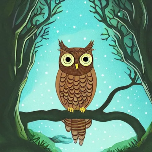 Image similar to a cartoon picture of an owl of athena!! in the woods, a storybook illustration by arabella rankin, behance contest winner, context art, storybook illustration, nightscape, digital illustration