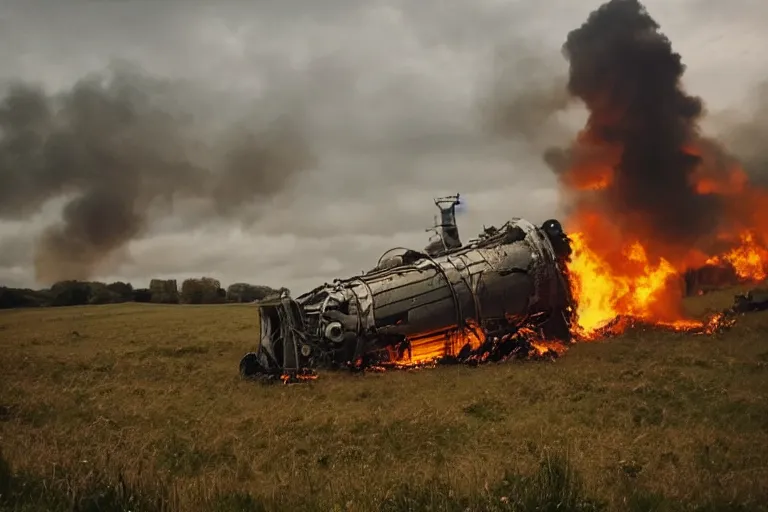 Prompt: beautiful english countryside, a ginormous destroyed dieselpunk machine lies broken in a field, fire and oil
