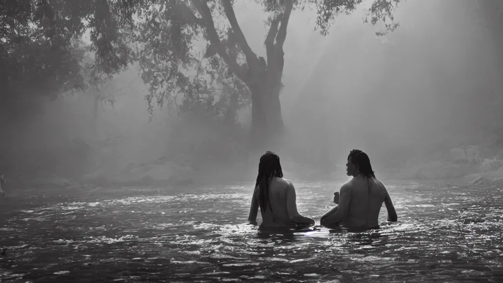 Image similar to lord shiva and his wife goddess parvati, bathing on a river, foggy morning, sun rays, atmospheric and heavenly photo