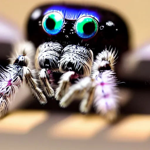 Prompt: a smart jumping spider using his computer keyboard, by pixar, macro lens, iridescent