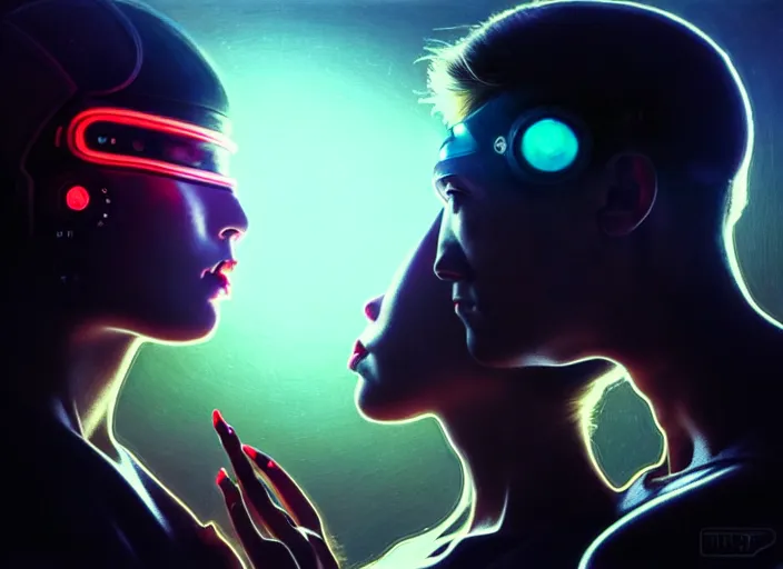 Prompt: ultra realistic photograpic medium shot of a couple of cyborgs kissing, lovers, cyberpunk, sci - fi, fantasy, kodak potra 4 0 0, colour led, soft light, volumetric lighting, night, intricate, highly detailed, digital painting, concept art, smooth, sharp focus, illustration, art by artgerm and greg rutkowski and alphonse mucha